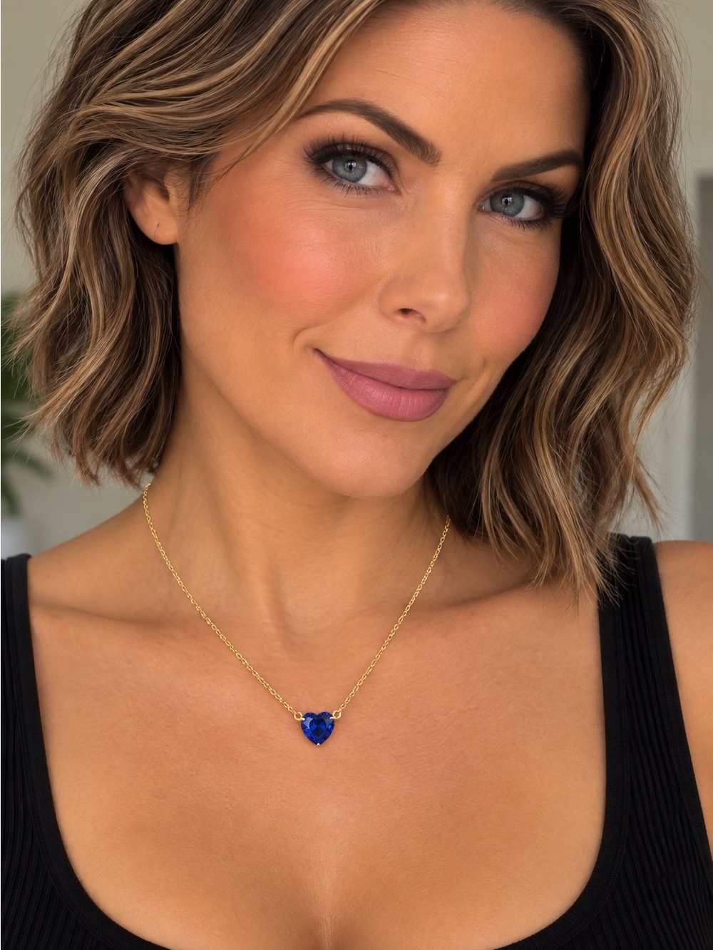 Gold Tone Blue Crystal Heart Pendant Necklace 18” + 2” Extender